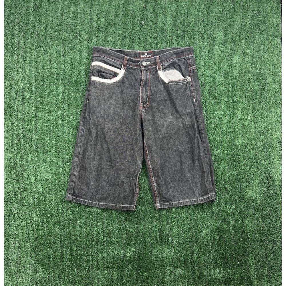 Red Ape Denim Shorts Mens 34 Black Embroidered Crest Wave Stitch Pockets 13"